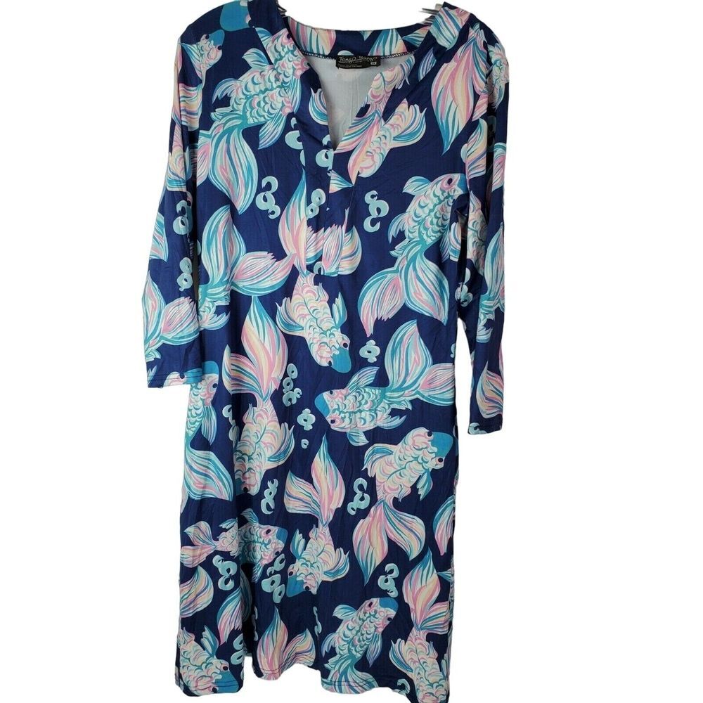 Tango Mango‎ Collection Women's Tropical Koi Fish Dress Navy Blue M